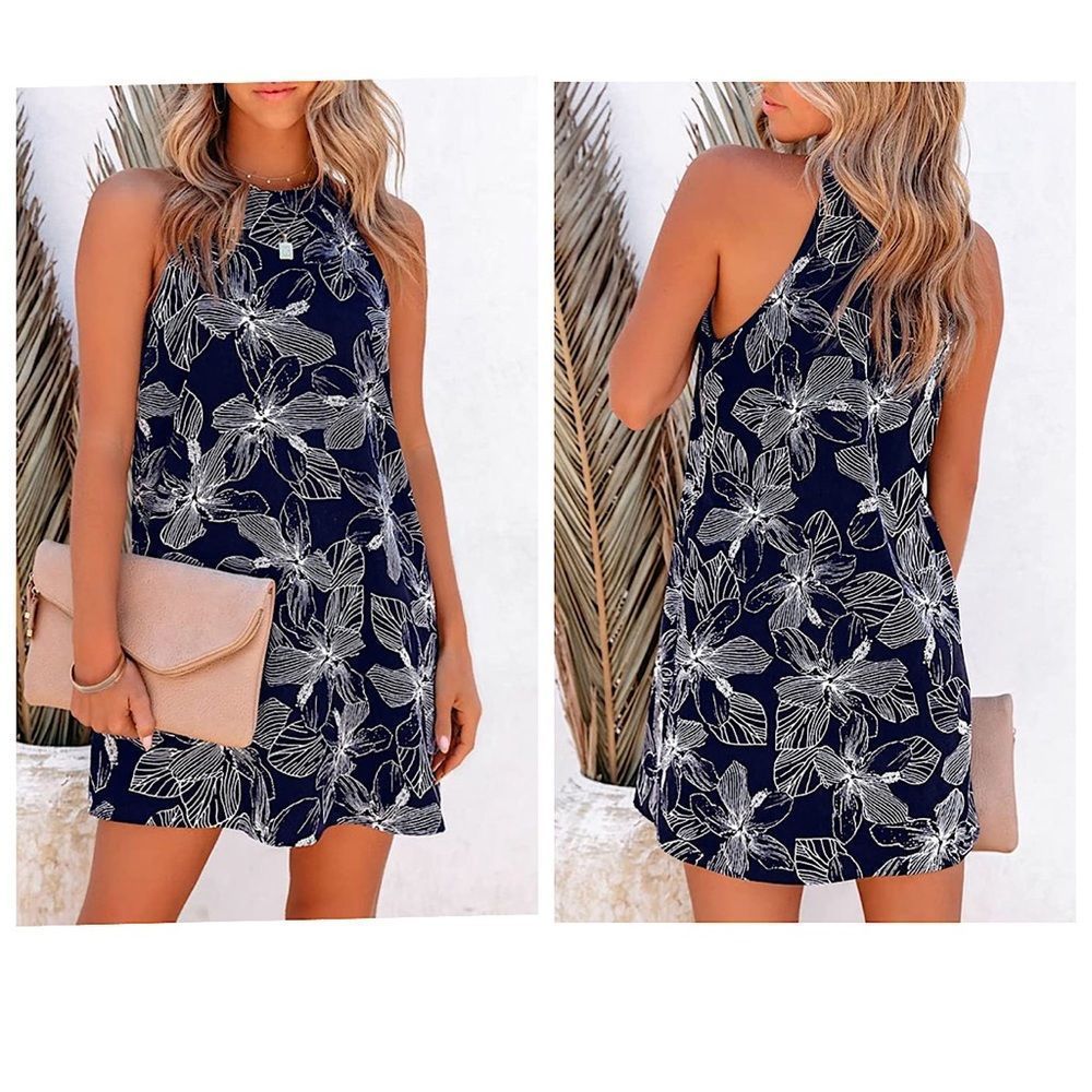 Navy Floral Sleeveless Midi Dress